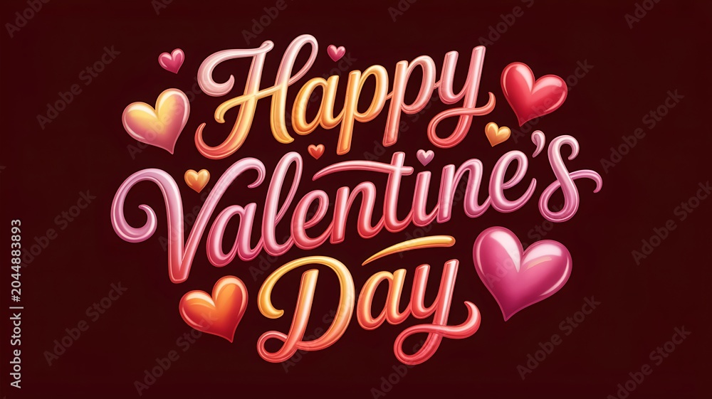 Fototapeta premium Happy valentines day colorful text with hearts on dark background