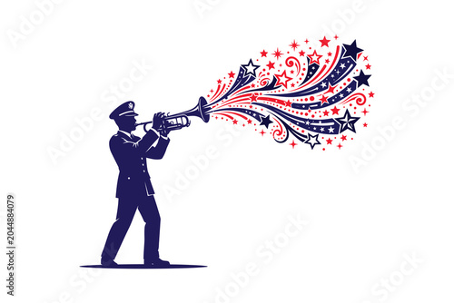 Foto Man blowing trumpet with fireworks and stars coming out