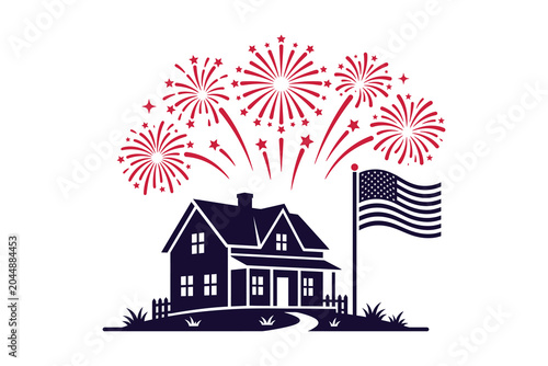 Fourth of July Celebration with Fireworks Over American House Vector Illustration