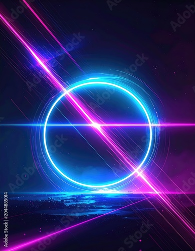 Radiant neon circle glows with vibrant purple and blue light streaks