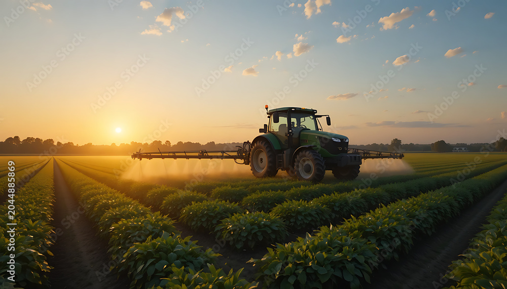 Fototapeta premium Tractor spraying pesticide on crop rows at sunset crops field
