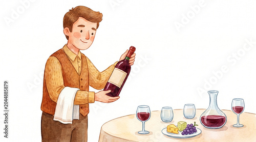 Waiter serving wine with a joyful expression at a dining table setting