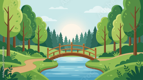Obraz na plátne Forest scene with wooden bridge vector trees