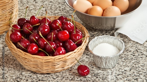 Fresh red cherries spilling from a woven basket