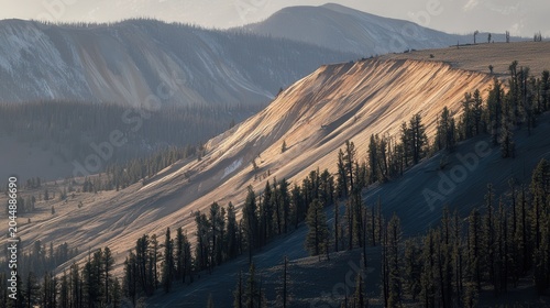 Mountain ridge landscape with trees and sunlight