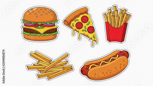 Colorful food sticker pack featuring burger pizza fries hot dog illustrations