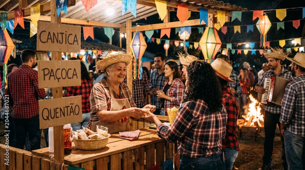 Fototapeta premium Traditional Brazilian Festa Junina Food Stall with Customer and Vendor