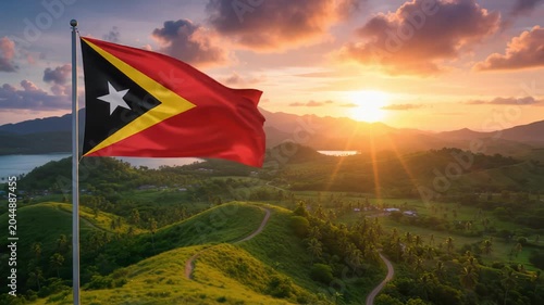 National flag of timor east waving on the wind in front of a beautiful panorama landscape of the nation