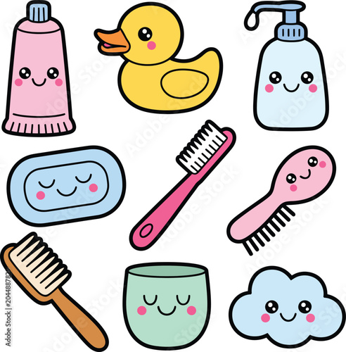 Cute cartoon bathroom accessories and hygiene items for children to practice.