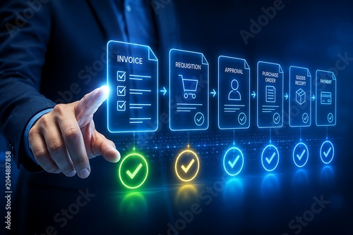 Businessman interacting with digital invoice, e-commerce, and payment icons on futuristic interface