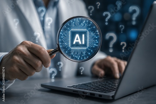 Artificial intelligence, AI concept, magnifying glass, coding, technology