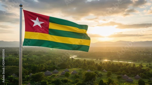 National flag of togo waving on the wind in front of a beautiful panorama landscape of the nation