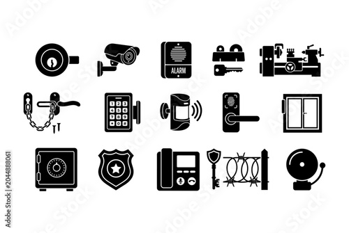 фотографія Flat black silhouette icon set of home security and locksmith system symbols iso