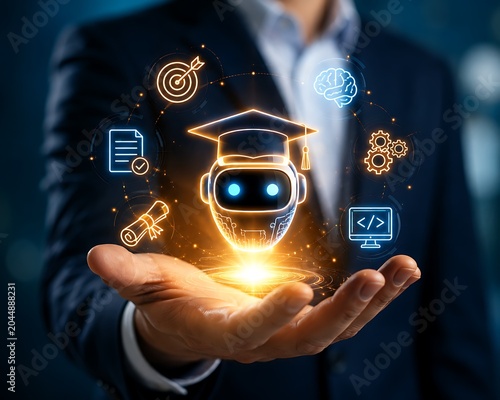 Robot, artificial intelligence, glowing icons, education, innovation, businessman, futuristic technology