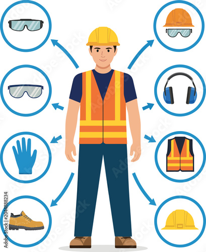 Construction worker wearing personal protective equipment diagram style.
