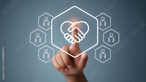 Hand interacting with digital interface showing heart-shaped handshake and people symbols, representing partnership, community, and social connection