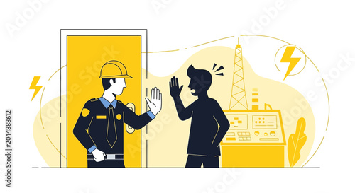 Security guard stops unauthorized person from entering industrial zone, concept art