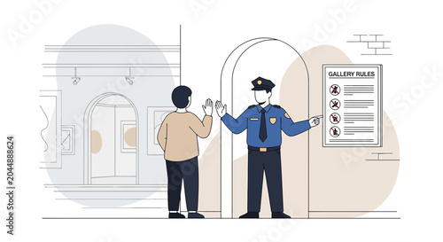Security Guard Stops Visitor at Art Gallery Entrance, Gallery Rules Sign