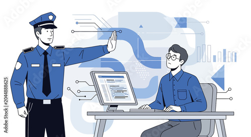 Security Guard Stops User Accessing Computer with Data Visualization Background