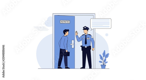 Security Guard Stops Man at Entrance, Access Control, Restricted Area