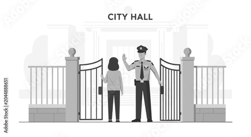 Security Guard Stops Visitor at City Hall Entrance Gate, Illustration