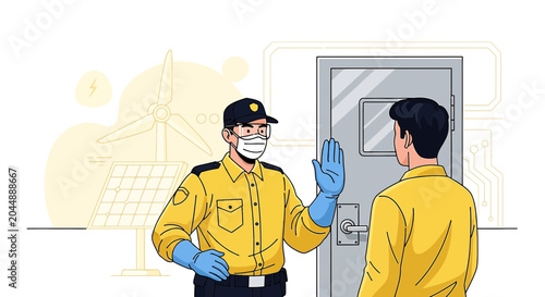 Security Guard Stops Visitor at Door, Masked and Gloved, Renewable Energy Background