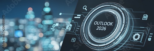 Modern digital interface displays 'Outlook 2026' with data visualizations, symbolizing strategic business foresight, technological innovation, and future planning against a modern urban backdrop