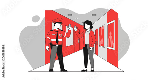Security Guard Stops Visitor at Exhibition Entrance