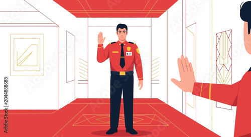 Security Guard Stops Visitor at Entrance, Museum Art Gallery Entrance Control