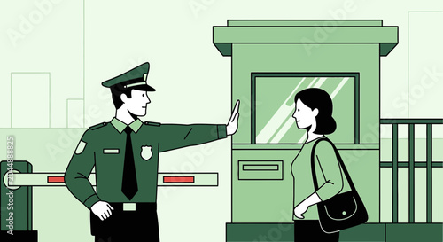 Security Guard Stops Woman at Booth, Barrier Gate