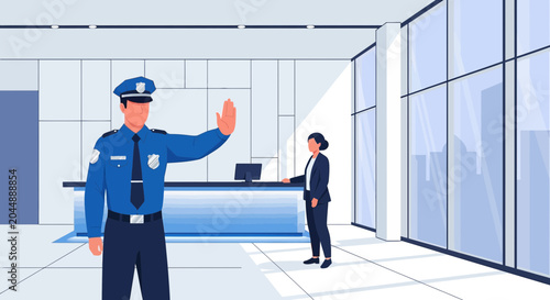 Security Guard Stops Woman at Building Entrance - Safety and Access Control