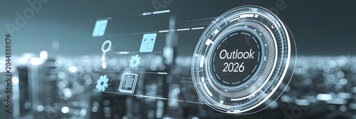 Global Business Outlook 2026 Futuristic Digital Interface Visualizing Data Analysis and Strategic Planning in a Modern Urban Landscape
