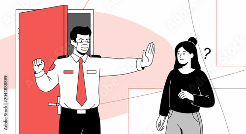Security Guard Stops Woman at Door, Preventing Entry, Face Mask