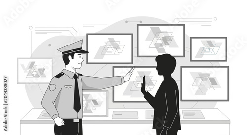 Security guard stops person entering exhibition of abstract art