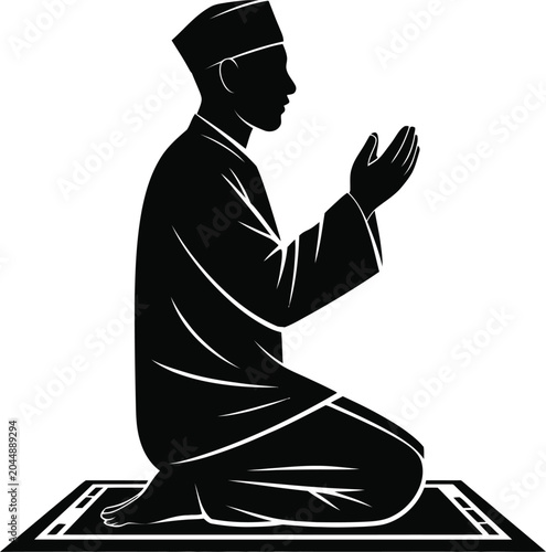 Canvas Print Muslim man sitting on prayer rug praying silhouette on transparent backdrop art