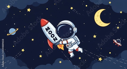 A cartoon astronaut in a white spacesuit rides a red and white rocket labeled zoom through a starry night sky with a crescent moon and planets