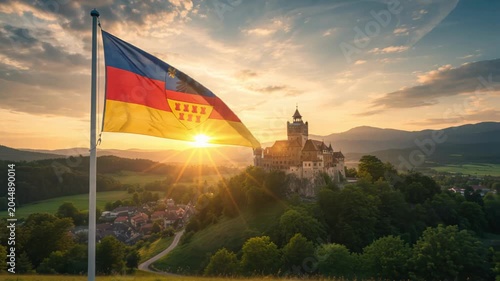 National flag of transilvania waving on the wind in front of a beautiful panorama landscape of the nation