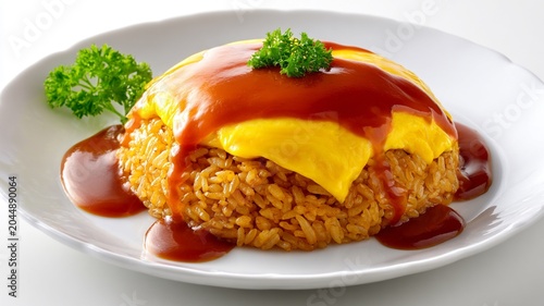 Japanese Omurice with Glossy Egg Topping Isolated on White Background