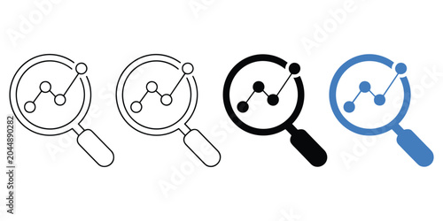 Foto Magnifying glass with statistical chart icons showing line graphs for analytic a