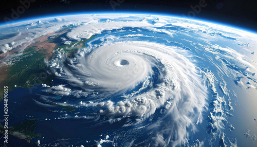 A dramatic earth view with an intense hurricane formation displays cinematic realism from space.