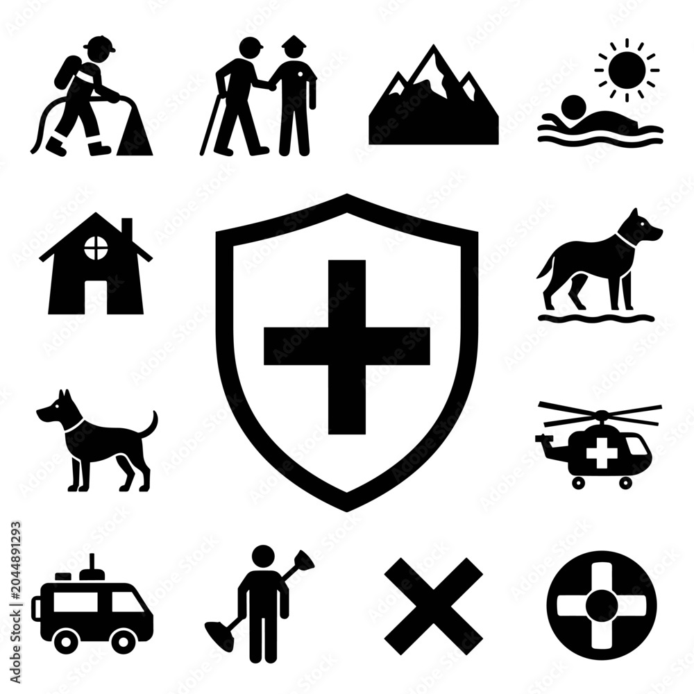 Fototapeta premium Emergency Rescue and First Aid Vector Illustration Icon Set with Medical Safety Silhouette Symbols
