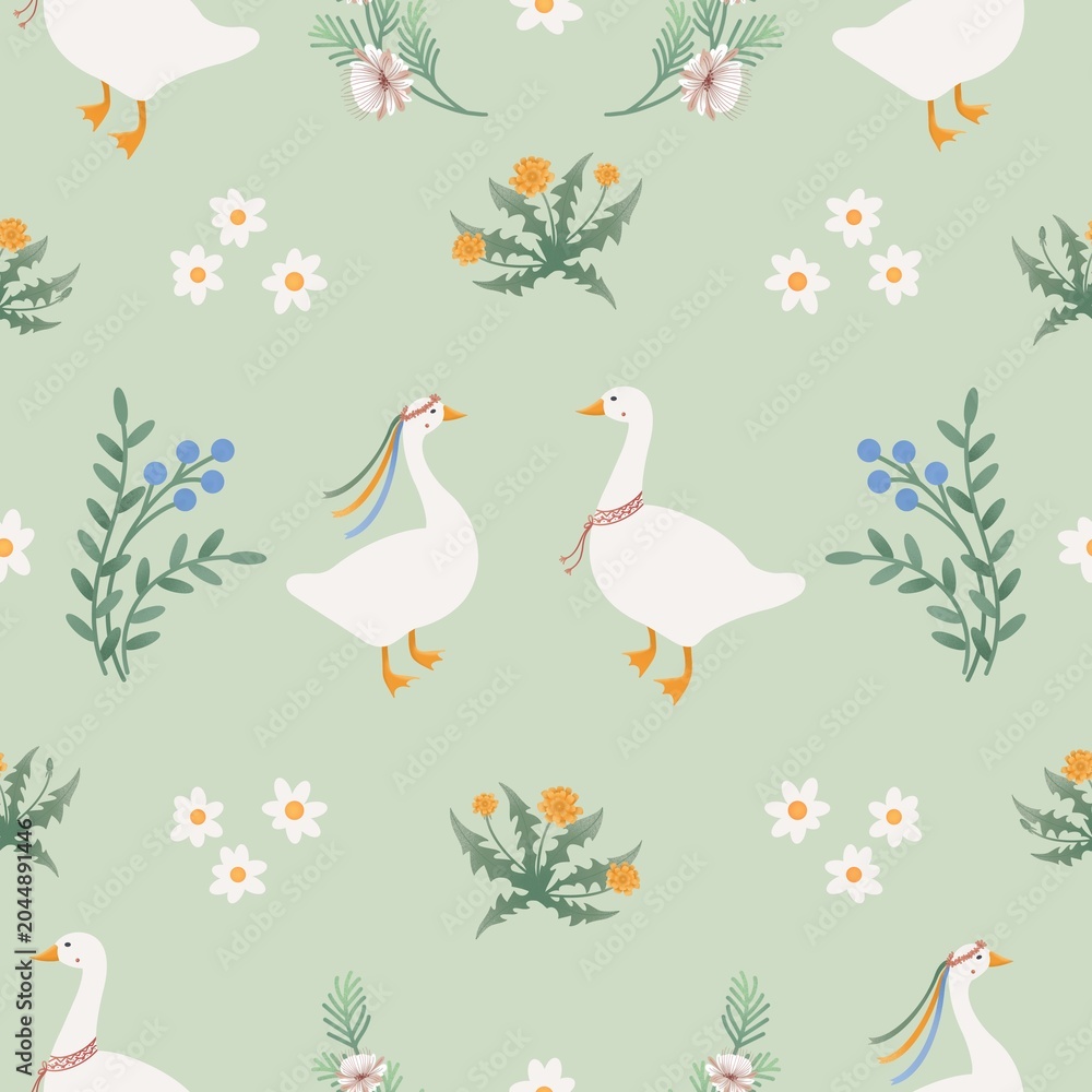 Fototapeta premium Cute goose couple seamless pattern in pastel folk art style