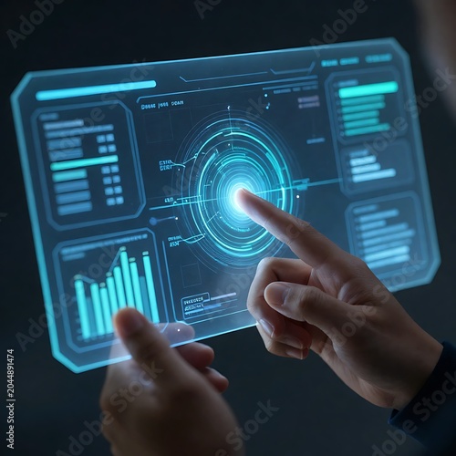 Futuristic interface, glowing blue screen, interactive technology, digital dashboard, virtual display