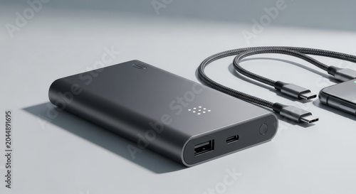Portable power bank with USB cables on white background