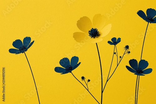 Bright yellow background with blue flowers creating a colorful contrast showcasing nature's beauty