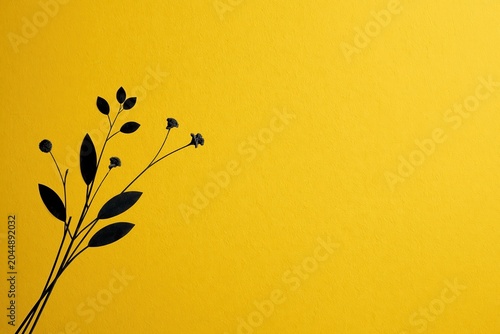 Black silhouette of plant on bright yellow background during sunny day in indoor setting