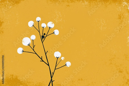 Close view of a branch with white flowers against a yellow background in a simple design
