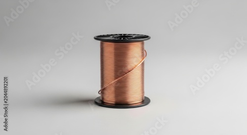 Copper wire spool on black plastic reel isolated on gray background