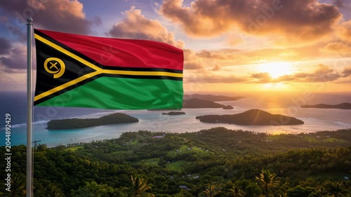 National flag of Vanuatu waving on the wind in front of a beautiful panorama
