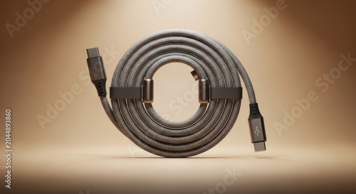 Coiled gray USB cable with metal connectors on beige background
